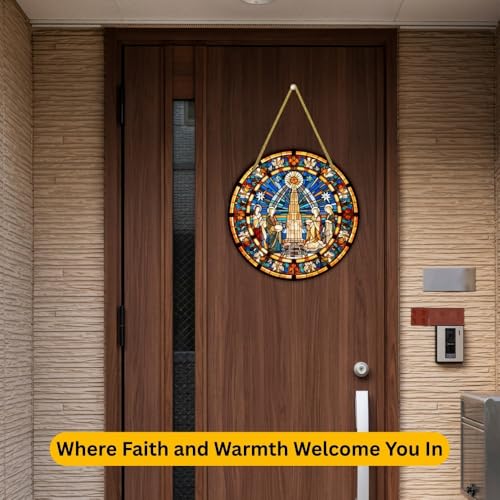 Image of Printality Stained Glass Style Christian Wall Hanging | Round MDF Plaque with Glossy Finish & Golden Zardosi String | Religious Wall Art | Jesus, Mary & Angels Design | Faith Home Decor (Design 4)