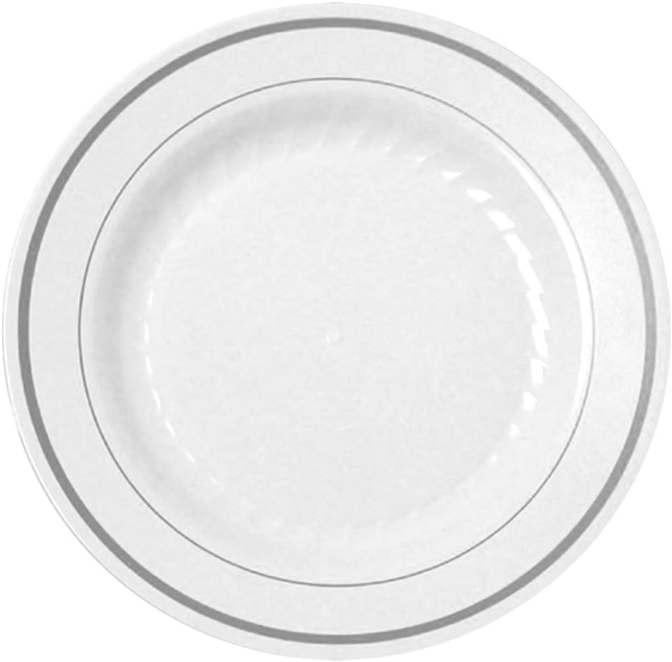 SILVER SPLENDOR COLLECTION 10.25" WHITE PLASTIC PLATES PRINTED SILVER 120 CS