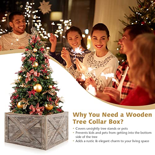 Goplus Wooden Tree Collar Box, 100% Solid Wood Farmhouse Tree Box, Rustic Christmas Tree Skirt, Vintage Weathered Wood Decoration, 4 Sides (Grey, 24” X 22.5” X 14.5”) #TOP1