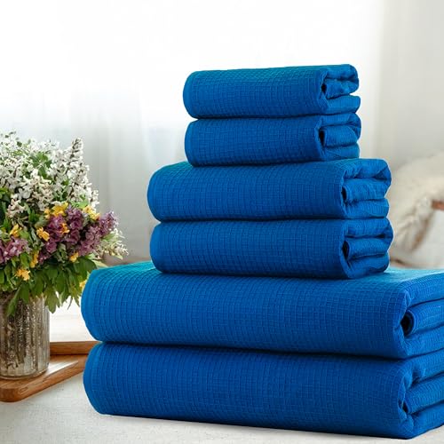 Image of Casa Copenhagen, Egyptian Cotton - Waffle Terry Towel 6 Piece Set, Includes 2 Bath Towels 2 Hand Towels 2 Washcloths - Electric Blue