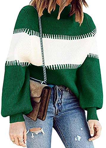 ECOWISH Women Sweater 2020 Winter Mock Neck Color Block Long Sleeve Casual Knit Jumper Basic Pullover Sweaters Tops Green Large