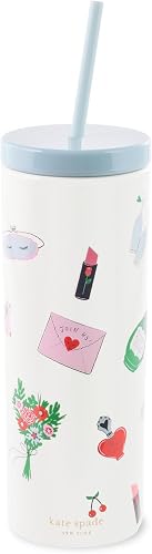 kate spade new york Acrylic Tumbler with Lid and Straw, 24 oz Tumbler, Slim Double Wall Tumbler, Wedding Cake Toss