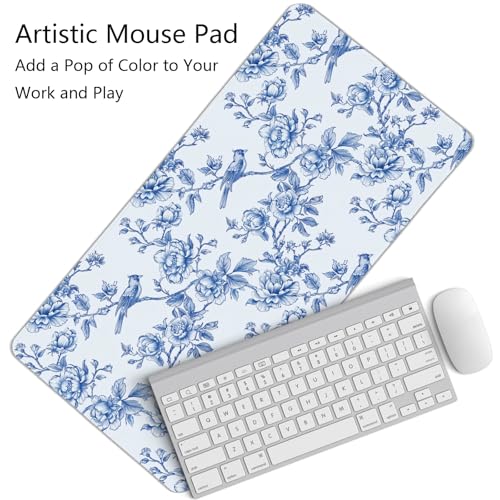 Image of Navy Blue Chinoiserie Mouse Pad,Vintage Blue and White Floral Desk Mat,XL Large Flowers and Birds Preppy Mouse Pad,Girly Laptop Desk Mat for Dorm Home Office,23.6x11.8 Inch