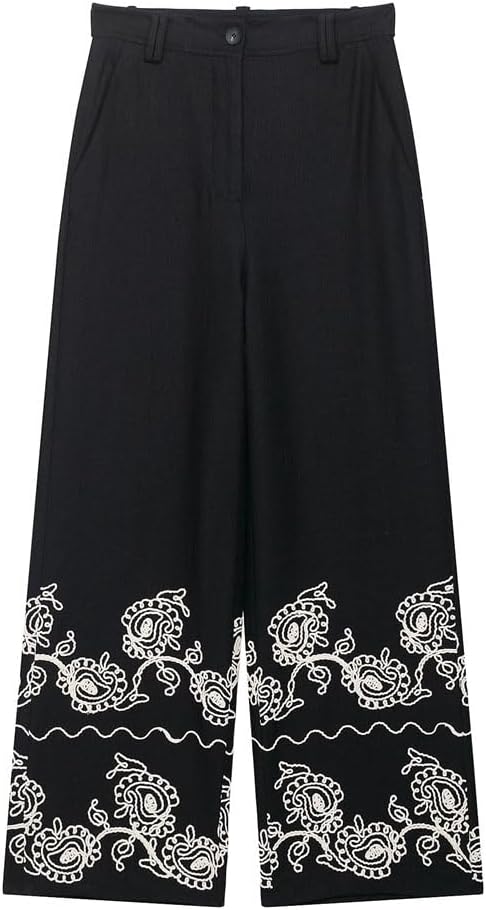Women's Vintage Embroidery Mid-Rise Wide-Leg Casual Pants