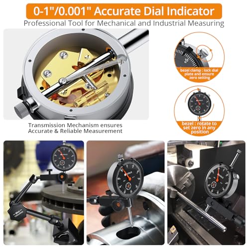 Image of Neoteck Dial Indicator 0-1in /0.001in with 132lbs /60kg Magnetic Base | Dial Indicator Holder with 2 Adjustable Arm,3 /8 inch Clamp,Storage Case for 3D Printer,Lathe,CNC,Table Saw Alignment- Black