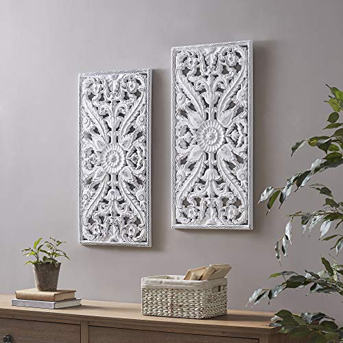 Image of Madison Park Wall Art Living Room Decor - Vintage Botanical Carved Wooden Panel Home Accent Bathroom Decoration Ready to Hang Frames for Bedroom, 15.75 inchW x 31.5 inchL x 0.59 inchD, White 2 Piece