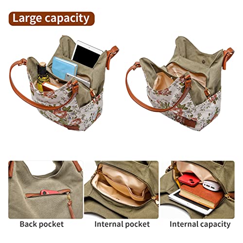 Image of Worldlyda Women Canvas Hobo Purse Multi Pocket Tote Shopper Shoulder Bag Casual Top Handle handbag with Embroidery Ethnic