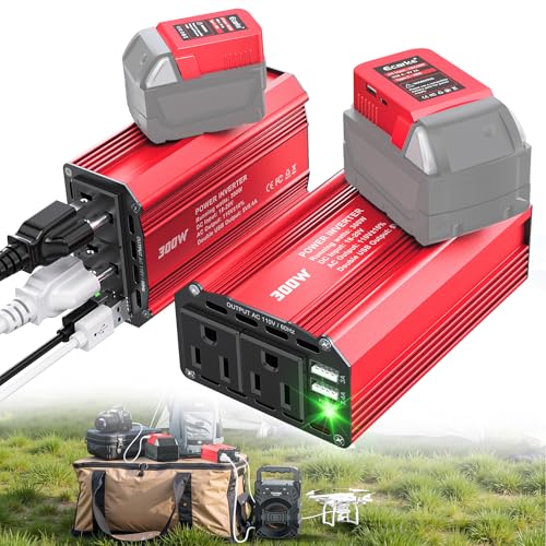 Image of Ecarke 300W Portable Power Inverter Compatible with Milwaukee 18V Battery, DC 20V to AC 110V Power Station with 2 AC Outlets, 3 USB Ports & 1 Type-C 18W, for Camping RV Emergency (No Battery)(2-Pack)