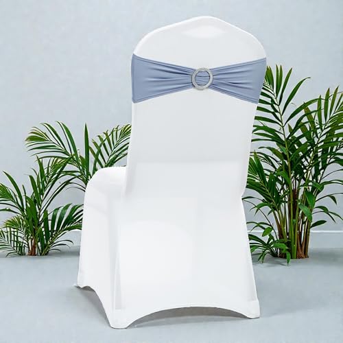 MDS Pack of 50 Spandex Chair Sashes Bow Premium Stretch Chair Cover Band with Buckle Slider Universal fits Elastic Dining Chair Ties for Wedding Party Banquet Events Decoration - Dusty Blue by MDS - Image 5