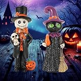 GoGnome Cute Halloween Decor - 2-Pack 4.5'' Resin Skeleton Gentleman and Witch Broom Figurines - Indoor Halloween Decorations for Home Mantle Fireplace Party Gifts (Ghost & Witch)