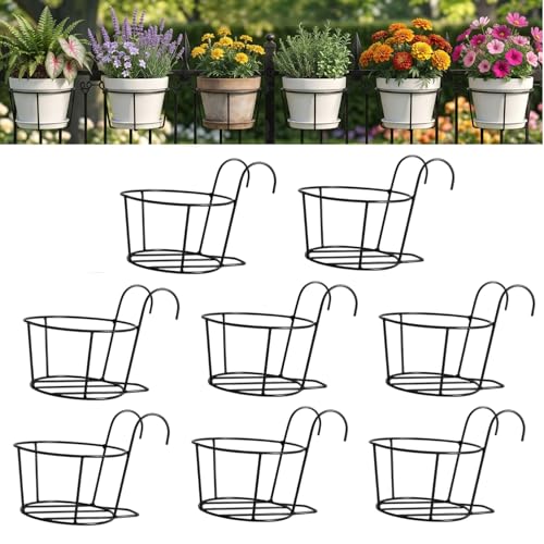 Image of Anti Rust Metal Hanging Planters for Balcony | Round Flowerpot Holder | Railing Planters, Fence Garden Flowerpot, Gamla, Flower Pots for Home and Garden (Black - Pack of 8)