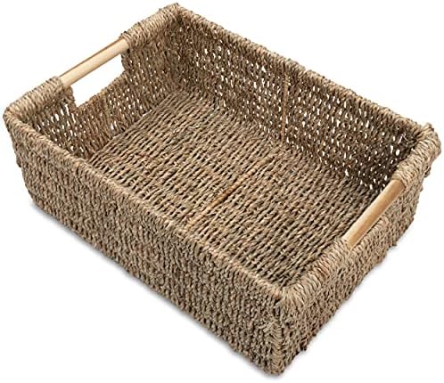 Large Wicker Basket Rectangular with Wooden Handles, Seagrass Basket Storage, Natural Baskets for Organizing, Wicker Baskets for Shelves 15.5 x 10.6 x 5.5 inches