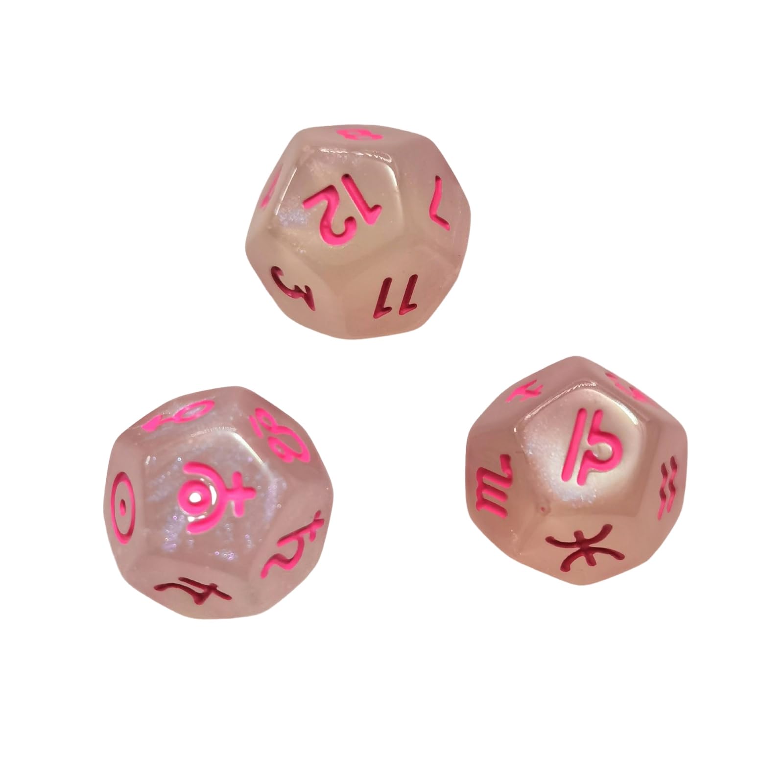 3Pcs/Set Astrology Dice 12-Sided 12 Constellation Sign Zodiac Dice Glitter Acrylic Lucky Dice Toy Tarot Cards Game Divination Accessory Light Pink