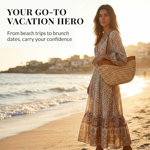 Bolso de playa de paja para mujer, bolso tote bohemio de verano con correa de PU miniatura 2