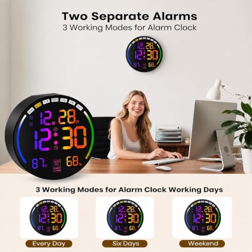 Image of HOME SKILL 10 inch RGB Digital Alarm Wall Clock Table Clock with Remote, Auto Dimmer,Temperature, Humidity, Dual Alarms, for Living Room, Gym, Garage, Gift, Home Decor (RGB Round WALL Clock)
