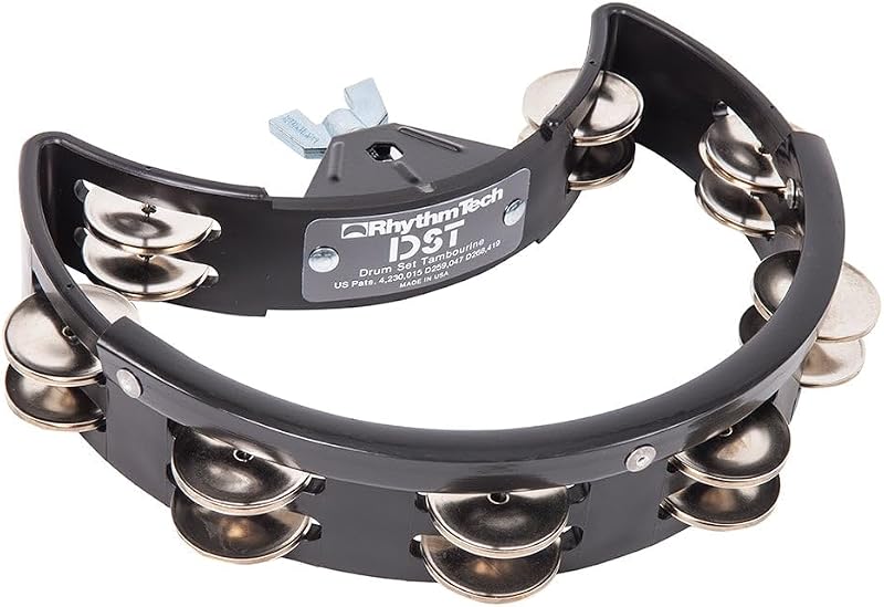 RhythmTech DST10 Drum Set Tambourine Nickel Jingles, Black | Hi-hat mountable; Quick-release wing screw