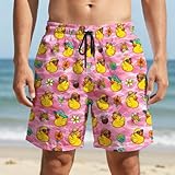 Men's Novelty Pool Party Shorts, Rubber Duck Tropical Drinks Flower Print Pink, Quick Dry Swim Trunks Board Shorts with Adjustable Drawstring Elastic Waist Pockets - 3X-Large