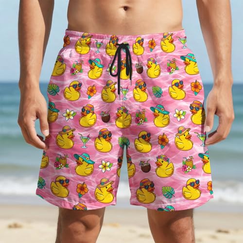 Men's Novelty Pool Party Shorts, Rubber Duck Tropical Drinks Flower Print Pink, Quick Dry Swim Trunks Board Shorts with Adjustable Drawstring Elastic Waist Pockets - 3X-Large