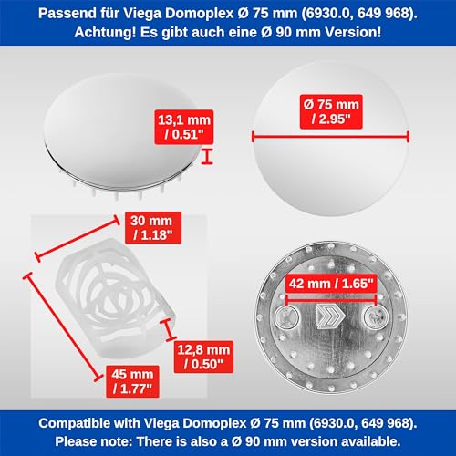 Duschabfluss Deckel Set mit Haarfänger, Ø 75 mm, verchromt, kompatibel mit Viega Domoplex 6928 und 6929, passend für 6930.0, 649 968, Ersatz Ablaufdeckel Wanne, Haarfilter Siebeinsatz Duschablauf