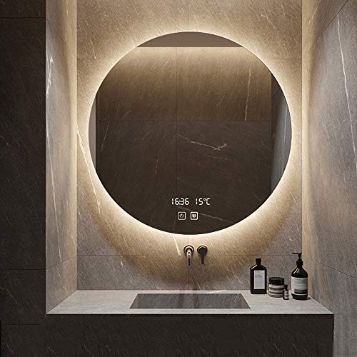 Robbl Espejo retroiluminado Maquillaje,Espejo Redondo Pared Cuarto, Espejo Baño Antivaho, Interruptor táctil + Pantalla de Reloj + Pantalla de Temperatura