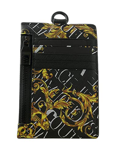 VERSACE JEANS COUTURE Black Gold Leather Baroque Brush Pattern Lanyard Cardholder4