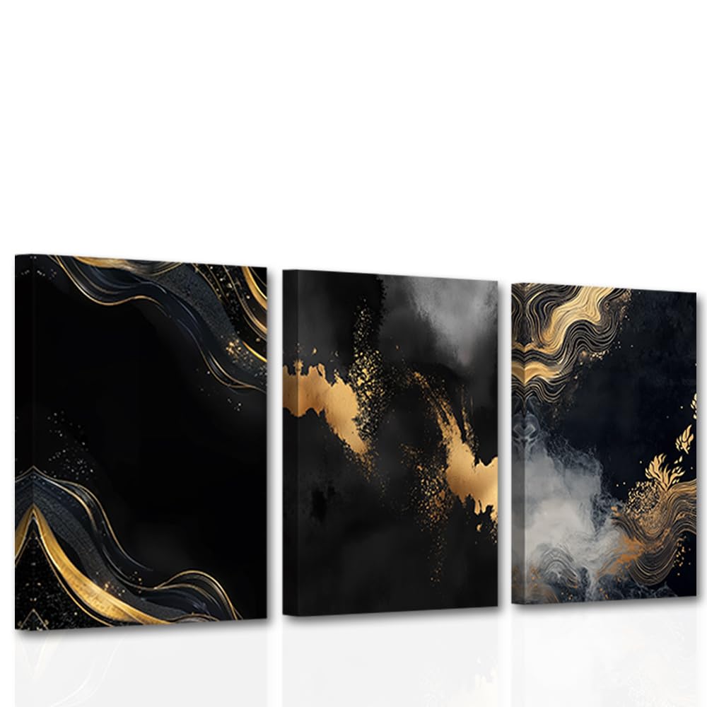 CCWACPP Black and Gold Abstract Canvas Wall Art 3 Panels Black Marble Pictures Gold White Grey Pictures Wall Art Modern Artwork Living Room Decor Framed (28x35cmx3)