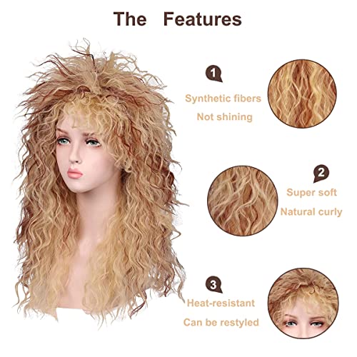 Fantalook Women Long Curly 80s Blonde with Reddish Brown Cosplay Wig