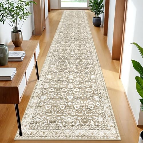 Lansny Vintage Runner Rug 2x12, Beige Tan White Washable Long Kitchen Runner Non-Slip Floral Soft Hallway Rug Runner Thin Print Faux Wool Carpet for Entryway Bedroom Laundry Room Indoor Home Decor