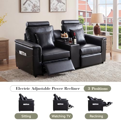 Image of RARZOE Manual Loveseat Recliner Sofa with Headrest, Faux Leather Power Reclining Couch with Storage Console Charging Cup Holders, Modern Comfy Daul Recliner for Living Room Home Theater,Black