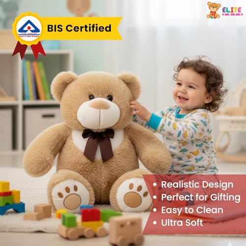 Image of 55 CM Brown Beige Teddy Bear Plush Toy | Super Soft Stuffed Animal for Kids | Cute Bow Tie Design | Huggable Soft Toy for Boys & Girls for Birthdays & Special Occasions