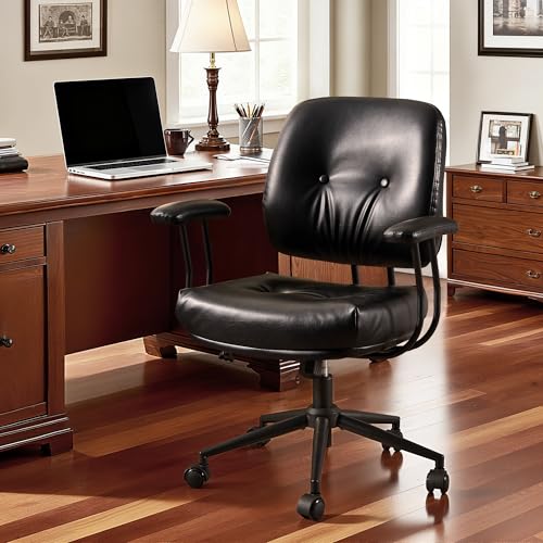 Image of Leather Home Office Chair, Mid Back Ergonomic Desk Chair with Lumbar Support, Mid Century Modern Deep Seat Swivel Rocking Computer Chair, Black