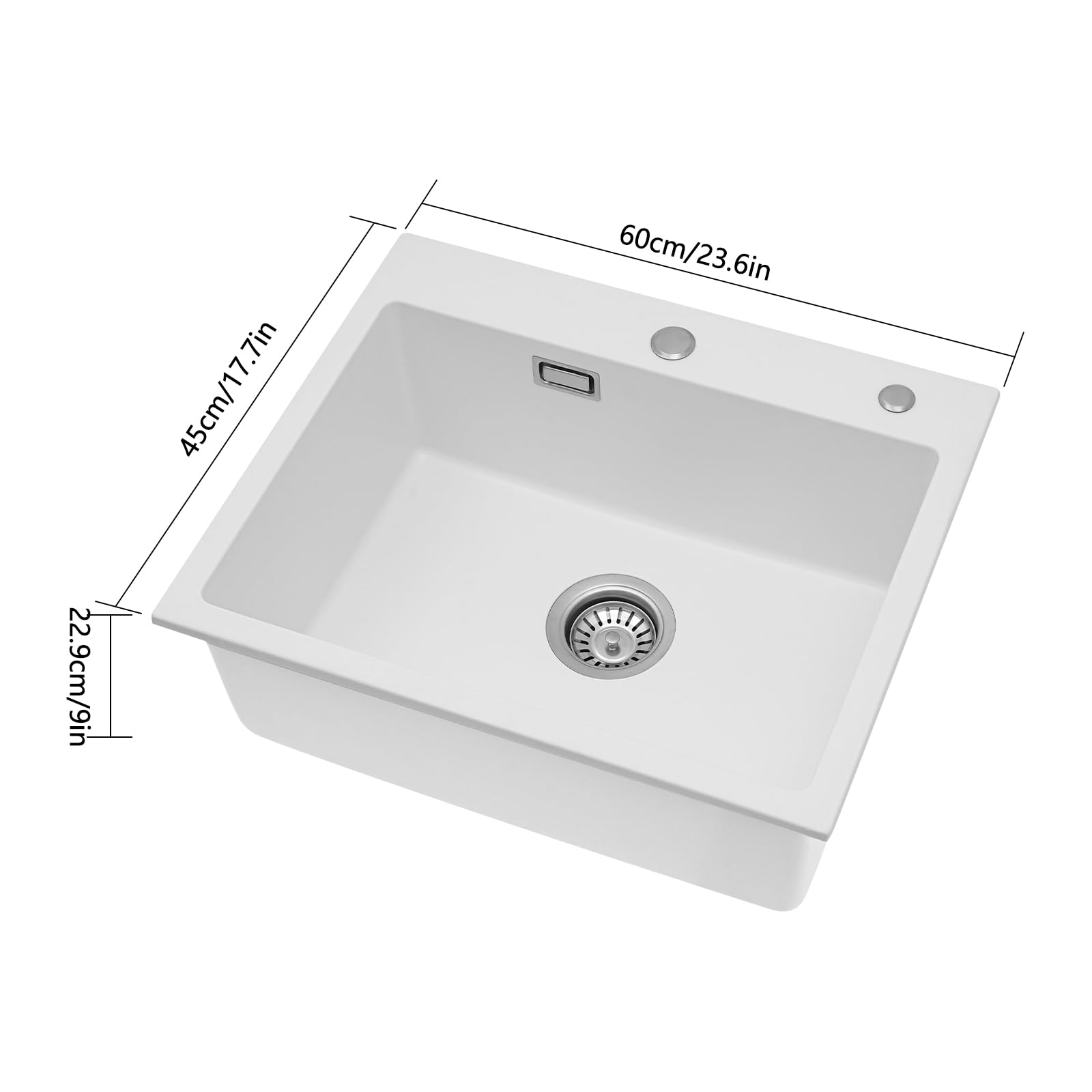 Évier de cuisine, profond, en pierre de quartz, blanc, 1 bac encastrable, capacité de charge d'environ 220,46 kg, bec anti-débordement, pour salles de bains, restaurants, cantines scolaires