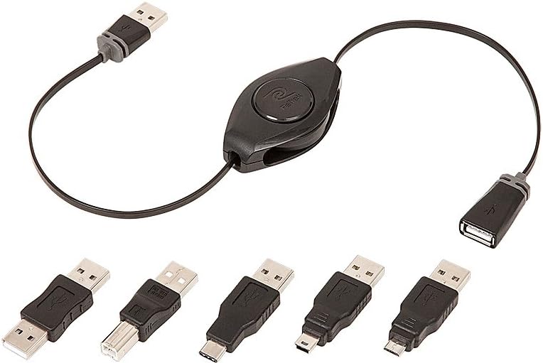 ReTrak ETPRU6M 6 ft Retractable Universal USB Extension Cable with 5 Adapter Tips
