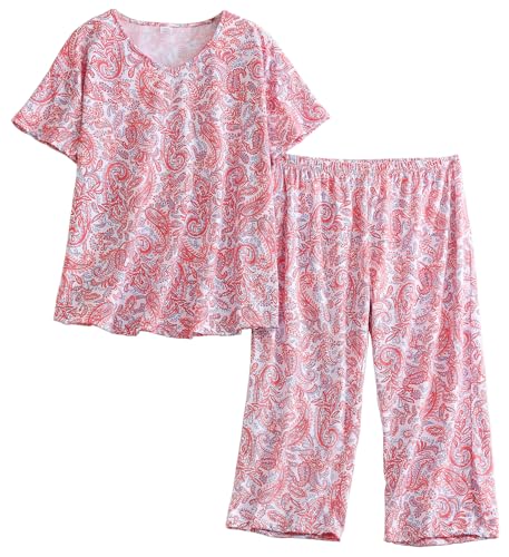 CHUNG Women Pyjama Set Short Sleeve Top Capri Pants Cotton Blend Loungewear Pjs Floral Animal Print S-3XL Pink Paisley, 3XL