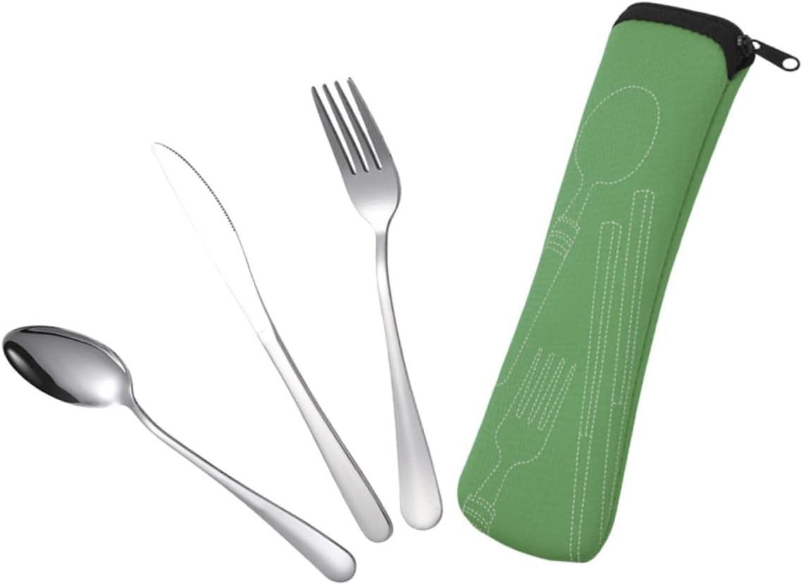 Camping Cutlery Set Stainless Steel Fork Spoon Portable Outdoor Flatware with Green Carry Pouch, 3pcs Stainless Steel Cutlery for Hiking Travel Picnic