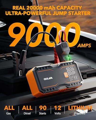 Image of OXILAM 20000mAh Jump Starter for All Gas & Diesel Engines, 9000A Battery Jumper Starter Portable, 12V Jump Box with Quick Charger, Extended Jumper Cable, LED Display, USB, DC, Type C Port & LED Light