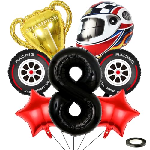 Kawailay 8 Jahr Rennauto Geburtstag Luftballons 8. Rennwagen Geburtstag Deko Racing 8. Geburtstag Deko Ballons Trophäen Helm Reifen Folienballon Schwarz Zahl 8 Luftballon für Junge Geburtstag Party