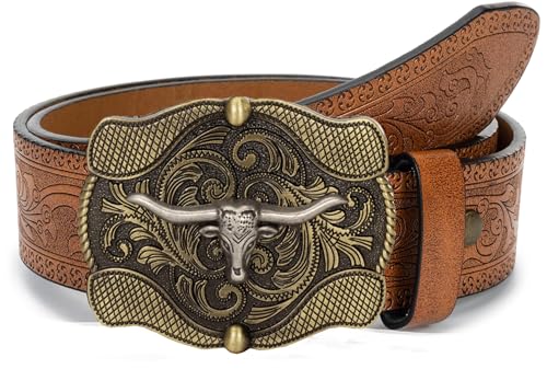 Image of UTOWO Western PU-Leather Cowboy Buckle Belt for Men and Women Jeans Engraved Floral Longhorn Bull Buckle Belt (25-38 inch waist)