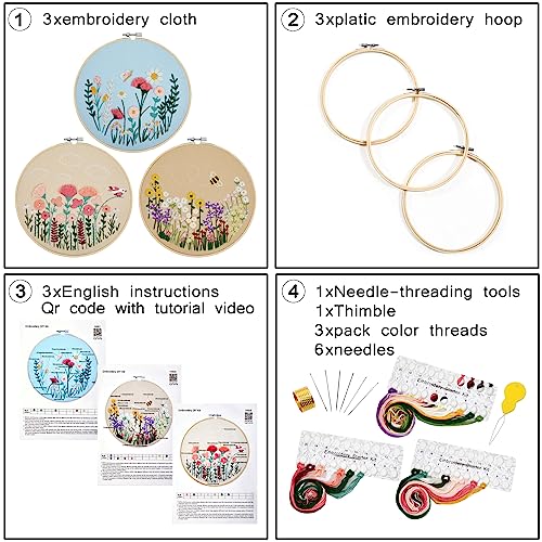 Armindou 3 Sets Embroidery Starter Kits With Flowers Pattern For Adults Beginners, Floral Stamped Cross Stitch Kit, Hand Diy Needlepoint Kit, 3 Embroidery Hoops, 3 Embroidery Fabric, Needles, Threads #TOP1