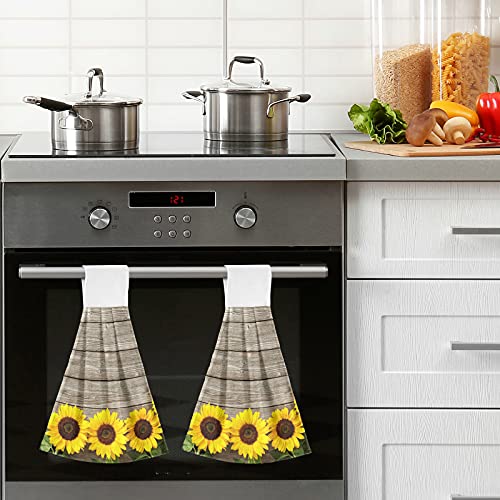 Sunflowers On Wooden Yellow Hanging Kitchen Towel 2Pcs Spring Summer Flower Board Soft Coral Velvet Hand Towels Loop For Bathroom Washcloth Absorbent #TOP4