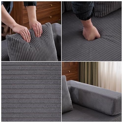 Image of Convertible Floor Sofa Bed, Foldable Mattress Cloud Couch with Pillow Back & Armrest, Corduroy Sleeper Sofa Bed with Fixed-Shape Frame, Compressed Couch for Living Room Bedroom, Dark Gray