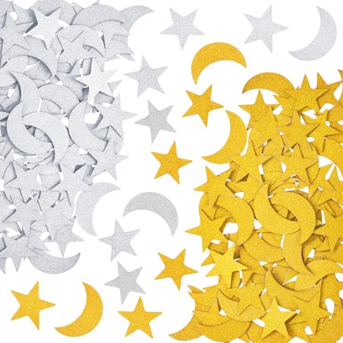 Isslly 100PCS Glitter Foam Star Shapes Gold Silver Moon Star Glitter Foam Embellishments Gold Silver Glitter Stars Confetti for Crafts Decals Decorations Supplies for Parties DIY Wedding