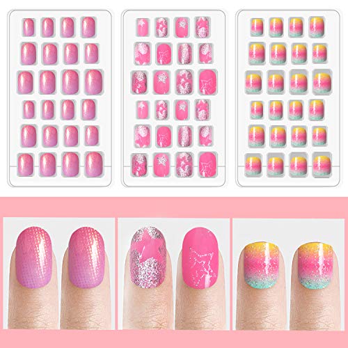 Laza 120pcs Children Nails Girls Press On Artificial Nail Tips Pre-glue Full Cover Short Cute False Nail Kits Lovely Christmas Gift for Children Kids Little Girl Nail Art Decoration - Pinky Lady