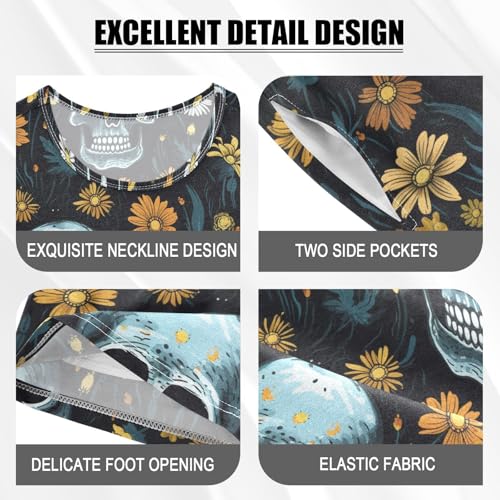 ALAZA Skull Yellow Floral Pajama Set Short Sleeve Sleepwear Soft Lounge Nightwear4