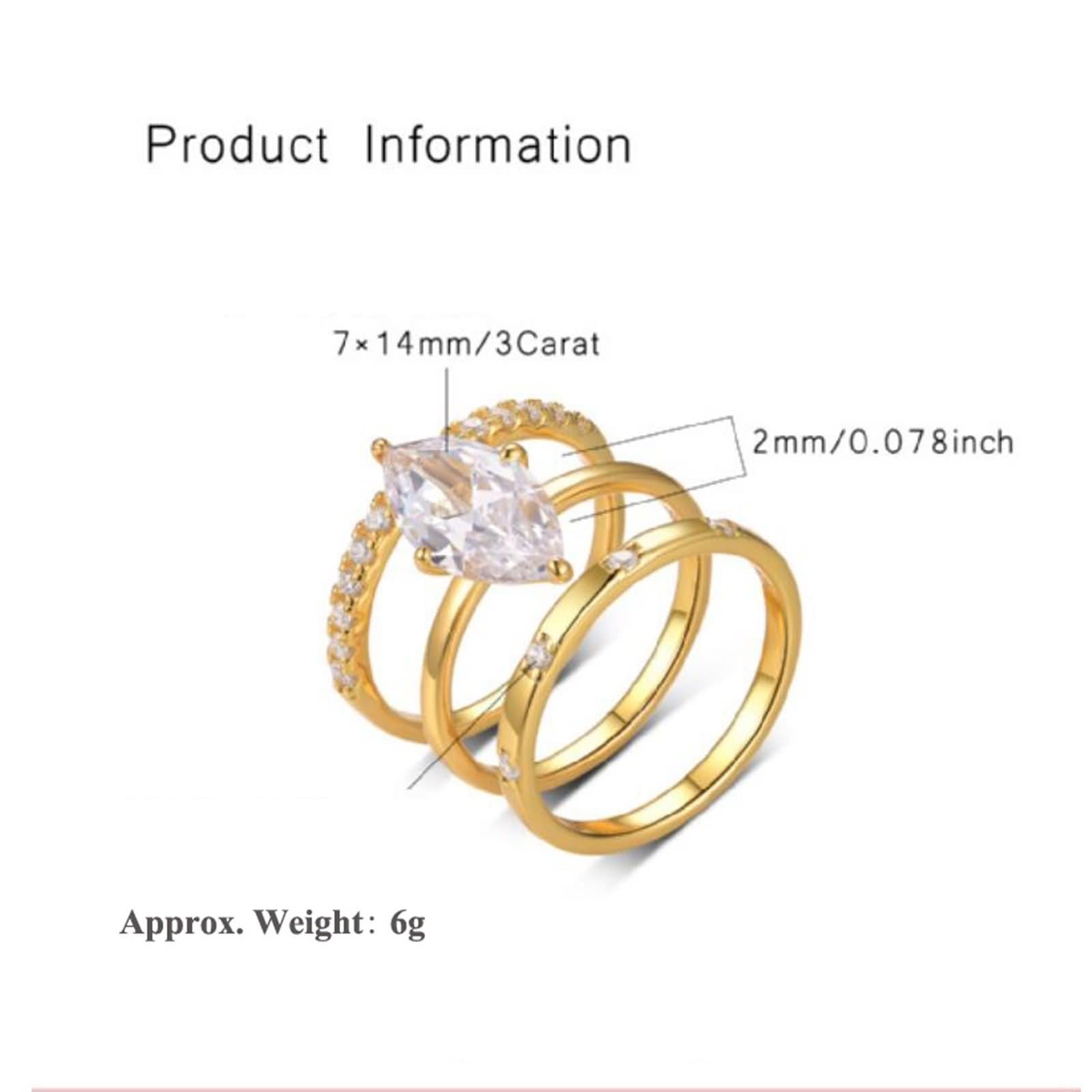 Anello di fidanzamento da donna, set di 3 anelli con taglio marchese 3 carati moissanite oro giallo 14 carati, misura 60 (19,1)