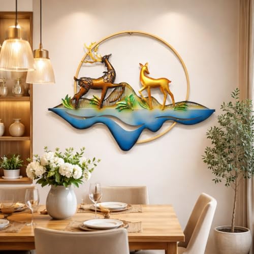 Image of SHREE 'O' GREEN TECH - Iron Big Handcrafted Metal Golden Deer Wall Art Leaf Frame Multicolor Decor for Home, Living Room, Drawing Room & Bedroom Decor (Size 34x25 Inch)