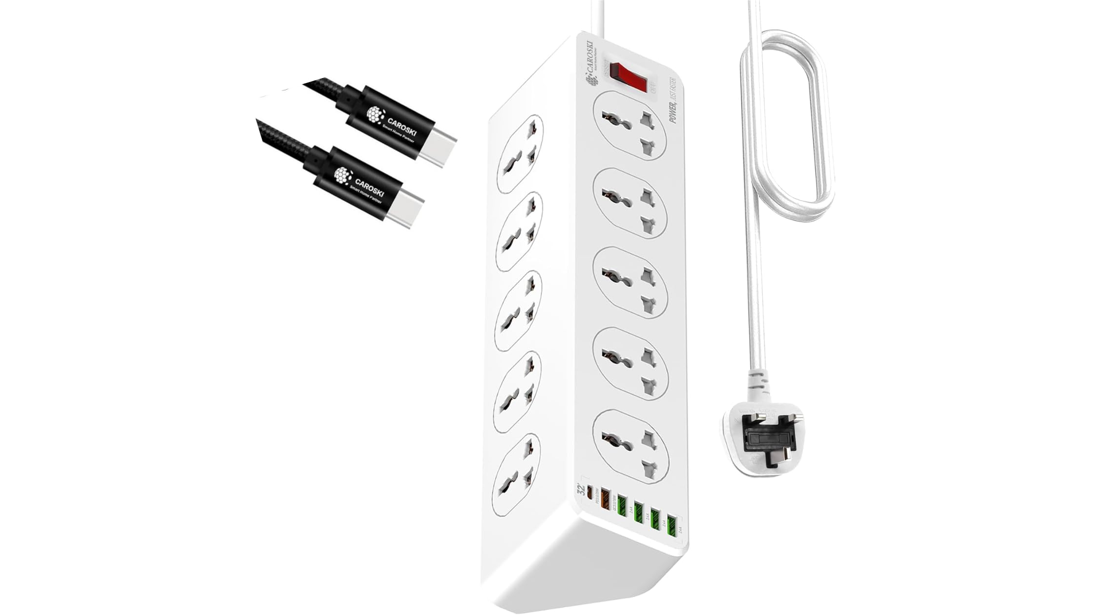 Extension Cord with 10 Sockets & 6 USB Ports Heavy Duty Triangular Shape Power Extension With 1 Year Warrenty 4 USB-A 1 USB-C 1QC and 1Extra charging cable Power Strip with 2M Extension Cable