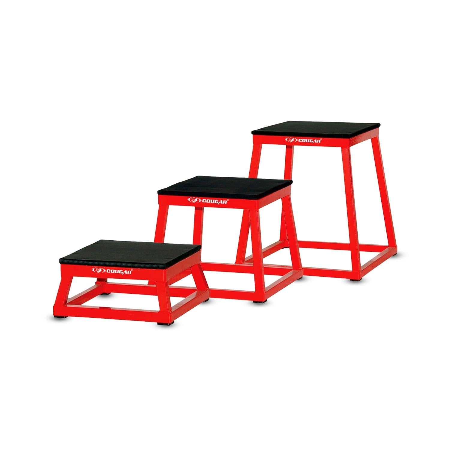 COUGAR Plyo Box Combo Set (6",12" & 18") – 3-Piece Heavy Duty Steel Plyometric Jump Boxes – Stackable Strength Training Platform with Anti-Skid Vinyl Top & Non-Marking Rubber Feet – Power Red-image-2
