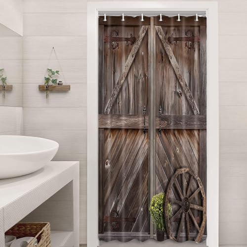 Jipusai Rustic Barn Door Shower Curtains for Stall Cabin, Brown Woonden Board Farmhouse Bath Curtains, Vintage Countryside RV Shower Curtains for Campers Narrow Size Decor Curtains with Hooks 36X70IN