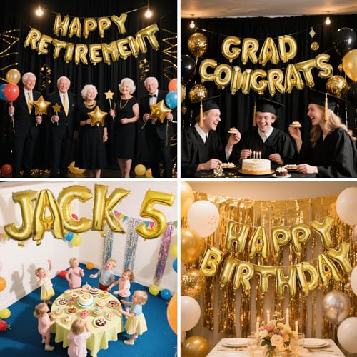 57 Pcs Letter Balloons, 18\" Gold Aluminum Foil Alphabet Custom Balloons Banner for Birthday, Baby Shower, Wedding, Graduation, Happy New Year Party Decorations Supplies